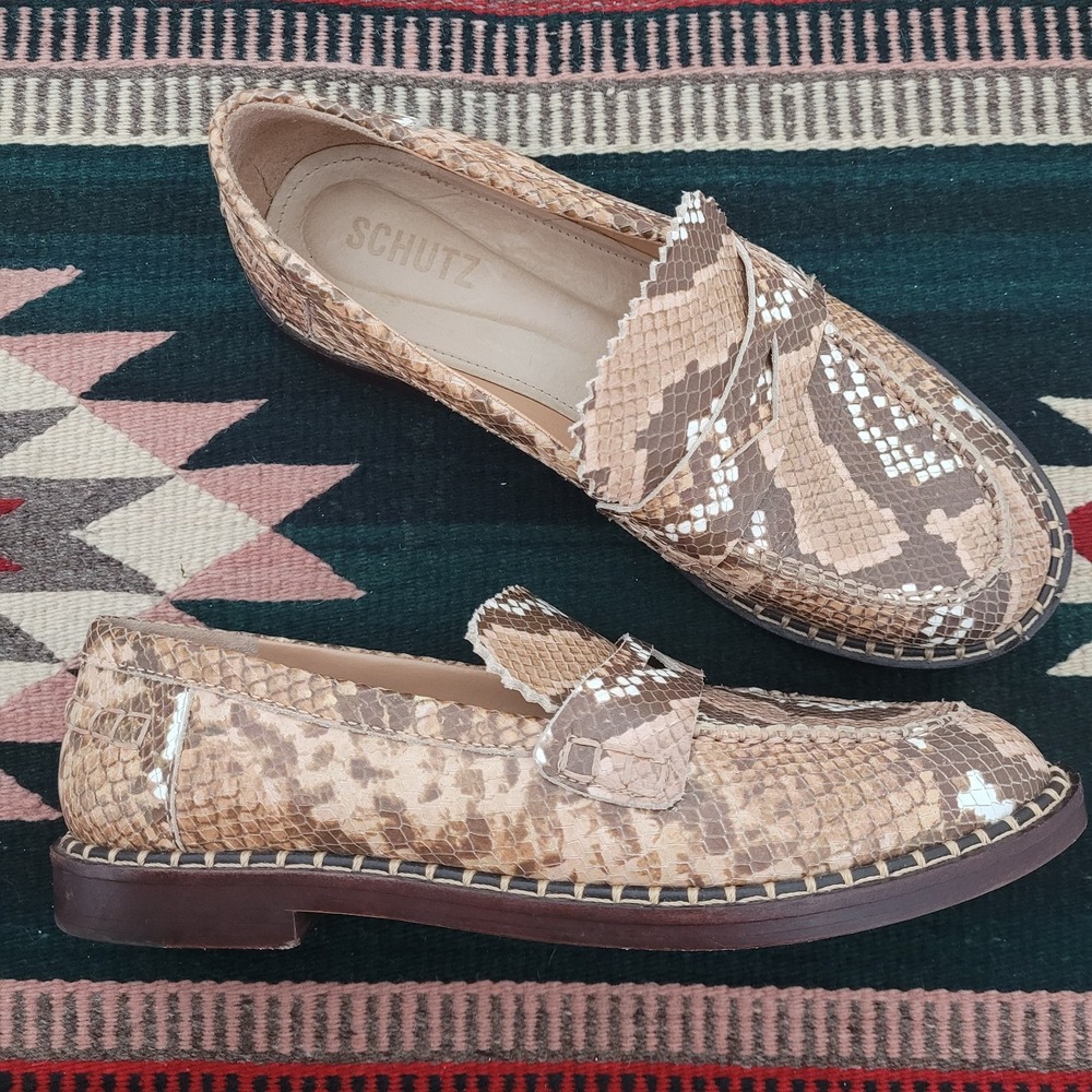Schutz Christie Snakeskin Embossed Loafers Sz 8 Brown‎ Tan Leather Slip On Shoes